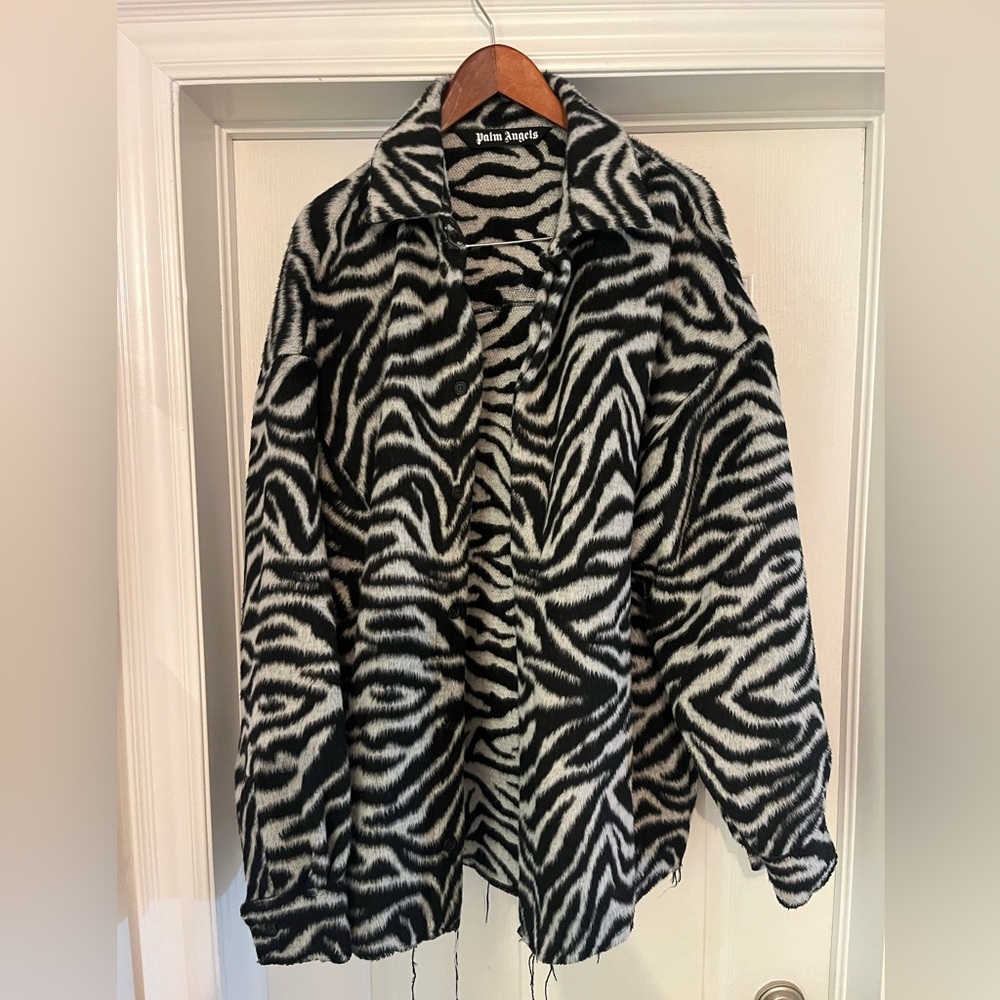 Men’s Palm Angels zebra fuzzy shirt jacket.